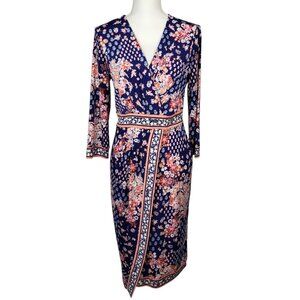 Beige By ECI Dress Women's 6 Multicolor Floral Faux Wrap Boho Stretchy Midi